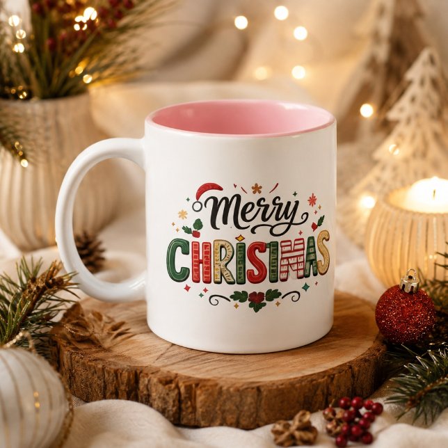 Merry Christmas Festive Typography  Two-Tone Coffee Mug (Creator Uploaded)