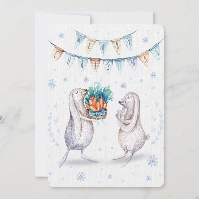 Merry Christmas Festive Winter Bunnies Holiday Card (Front)