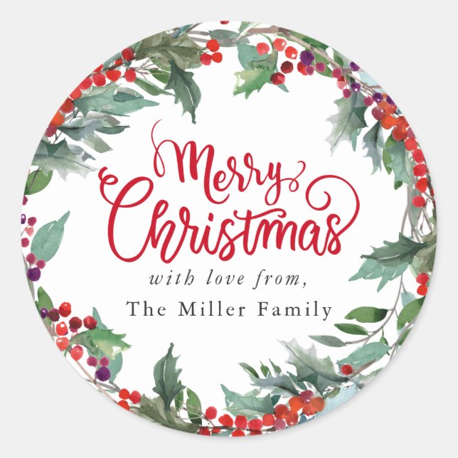 Merry Christmas Festive Winter Floral Personalised Classic Round Sticker (Front)