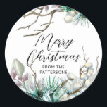 Merry Christmas Festive Winter Holiday Floral Name Classic Round Sticker<br><div class="desc">Merry Christmas Festive Winter Holidays Floral Personalised Name Stickers and Labels features a stylish and elegant text "Merry Christmas" in modern black hand lettered calligraphy script typography surrounded with a frame of winter floral accents. Personalised by editing the text in the text boxes provided. Perfect for custom gifts, gift wrapping...</div>