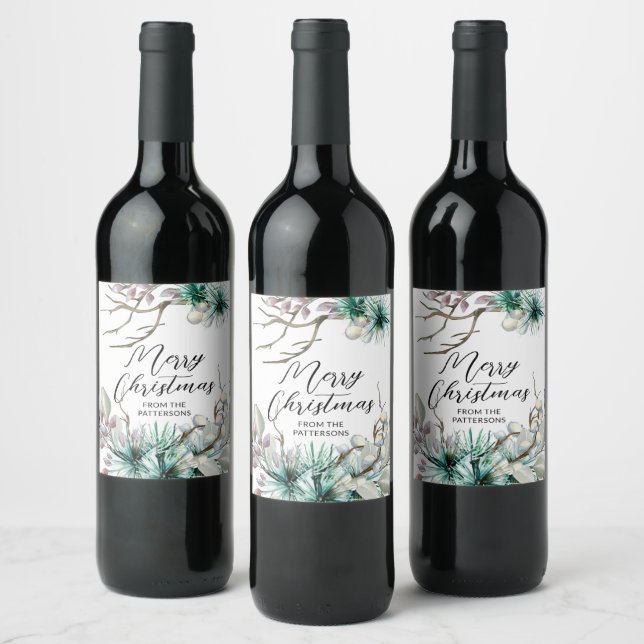 Merry Christmas Festive Winter Holidays Floral Wine Label (Bottles)