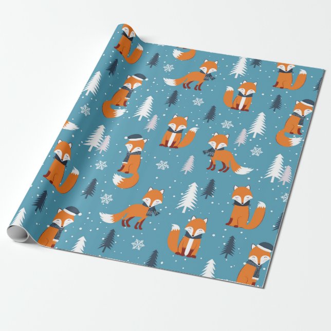 Merry Christmas Fir Tree Snow Fox White Blue  Wrapping Paper (Unrolled)