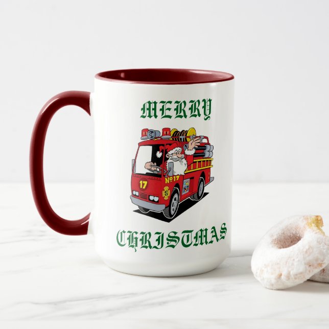 Merry Christmas Fire Truck Mug (With Donut)