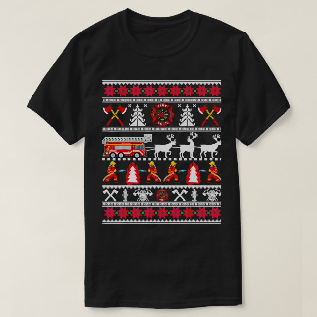 Merry Christmas Firefighter Fire Truck Fireman Ugl T-Shirt (Design Front)