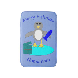 Merry Christmas Fishing Penguin Bath Mat