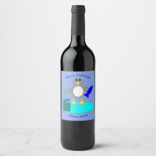 Merry Christmas Fishing Penguin Bottle Labels