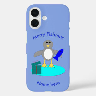 Merry Christmas Fishing Penguin iPhone 16 Case