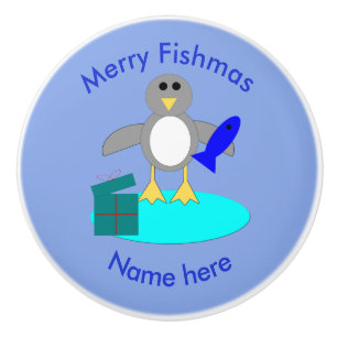 Merry Christmas Fishing Penguin Ceramic Knob