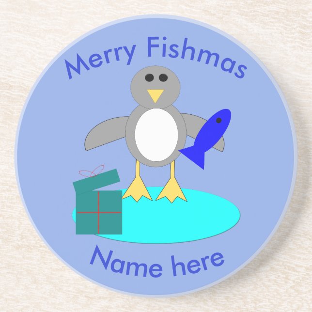Merry Christmas Fishing Penguin Coasters (Front)