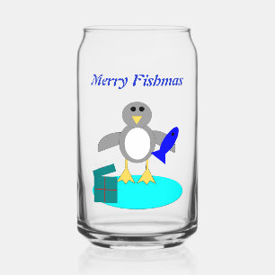 Merry Christmas Fishing Penguin Custom Can Glass