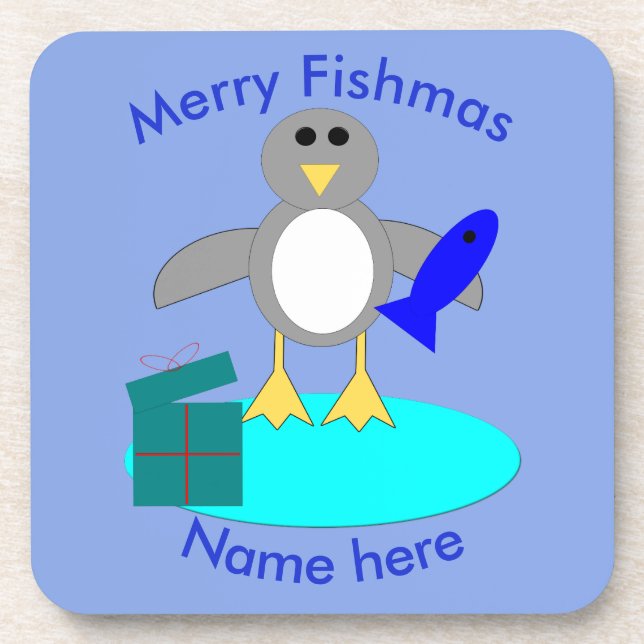 Merry Christmas Fishing Penguin Custom Coasters (Front)