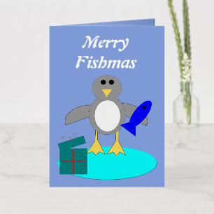 Merry Christmas Fishing Penguin Custom Foil Greeting Card