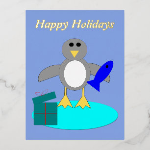 Merry Christmas Fishing Penguin Custom Foil Holiday Postcard