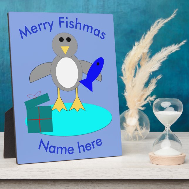 Merry Christmas Fishing Penguin Custom Plaque (Side)
