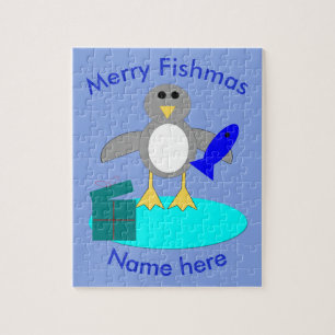 Merry Christmas Fishing Penguin Custom Puzzle