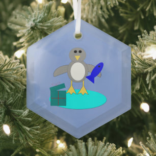 Merry Christmas Fishing Penguin Glass Tree Decoration