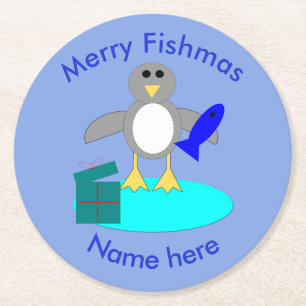 Merry Christmas Fishing Penguin Paper Coasters