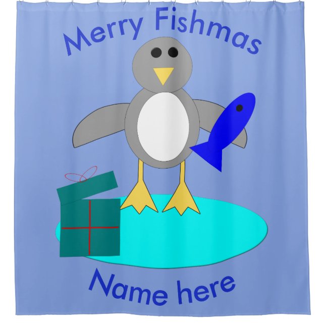 Merry Christmas Fishing Penguin Shower Curtain (Front)
