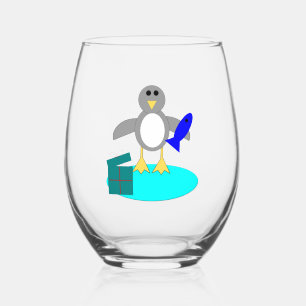 Merry Christmas Fishing Penguin Stemless Wine Glass