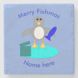 Merry Christmas Fishing Penguin Stone Coaster