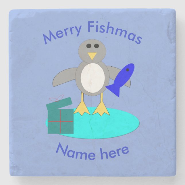 Merry Christmas Fishing Penguin Stone Coaster (Front)
