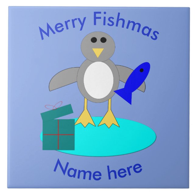 Merry Christmas Fishing Penguin Tile (Front)