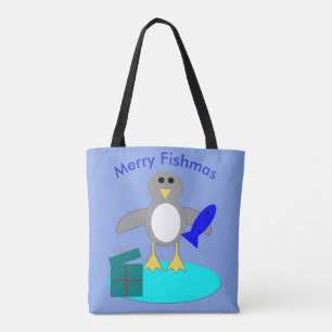 Merry Christmas Fishing Penguin Tote Bag