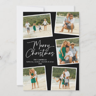Merry Christmas Five Photo Collage Black Holiday Card