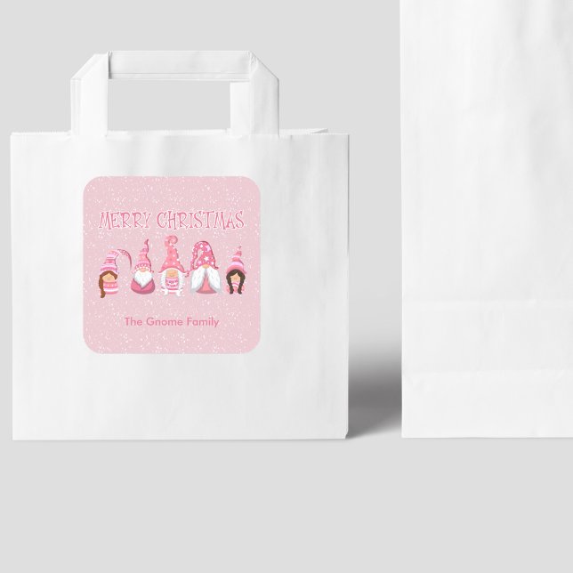 Merry Christmas Five Pink Gnomes Family Square Sticker (Custom Pink Christmas Five Gnomes custom Family Square Sticker- Personalized, Festive)