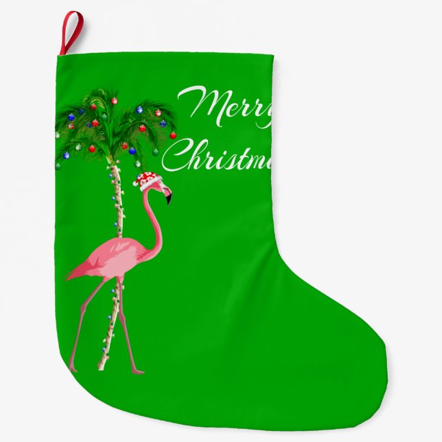 Merry Christmas Flamingo Large Christmas Stocking (Front)