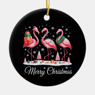Merry Christmas Flamingo Light Santa Hat Xmas Ceramic Ornament