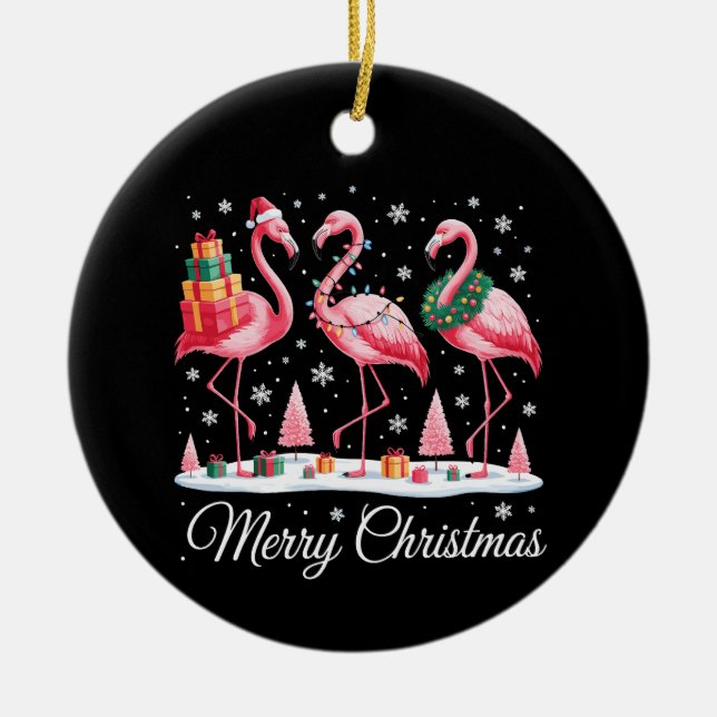 Merry Christmas Flamingo Light Santa Hat Xmas Ceramic Ornament (Front)