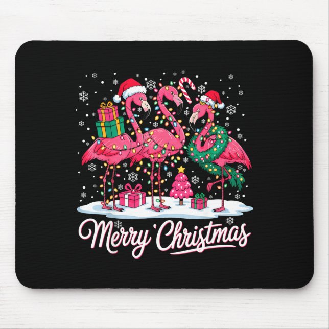 Merry Christmas Flamingo Lights Santa Hat Snow Xma Mouse Pad (Front)