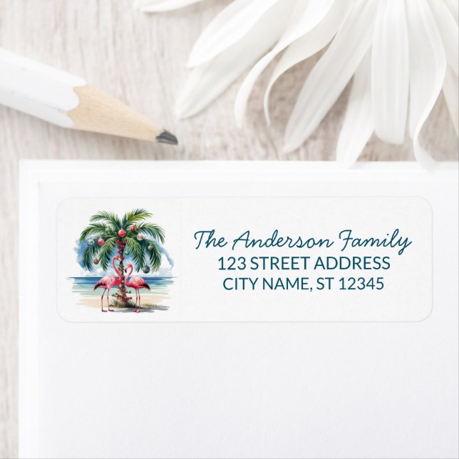 Merry Christmas Flamingo Palm Tree Return Address Label (Insitu)