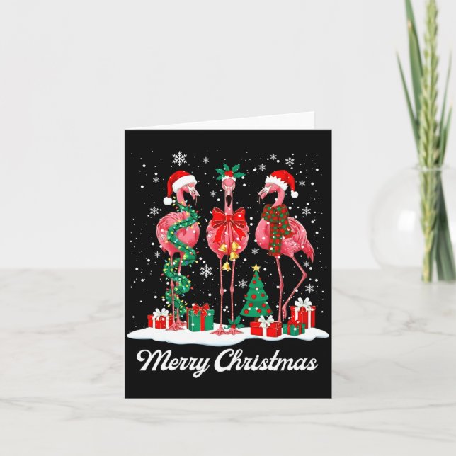 Merry Christmas Flamingo Santa Hat Christmas Light Card (Front)
