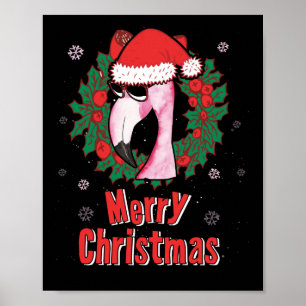 Merry Christmas Flamingo Santa Hat Sunglasses Poster