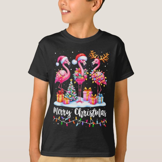 Merry Christmas Flamingo Santa Hat Xmas Pajamas Ho T-Shirt (Front)