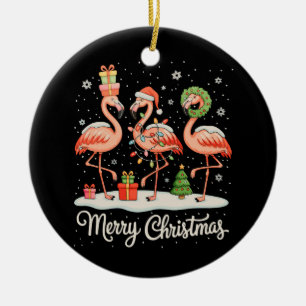 Merry Christmas Flamingo Xmas Lights Santa Hat Ceramic Ornament
