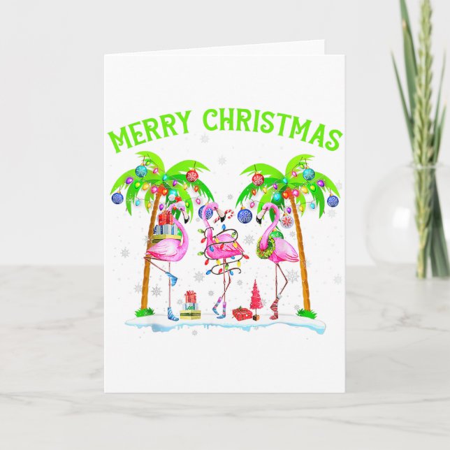 Merry Christmas Flamingo Xmas Palm Tree Light Trop Card (Front)