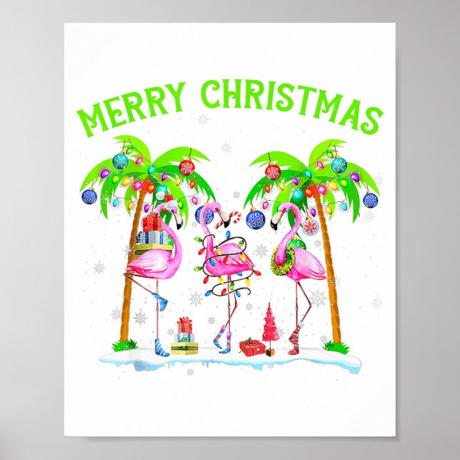 Merry Christmas Flamingo Xmas Palm Tree Light Trop Poster (Front)