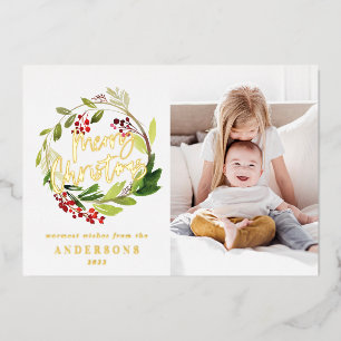 merry christmas floral 1 photo foil holiday card