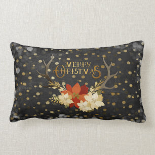 Merry Christmas Floral Antlers Confetti Lumbar Cushion