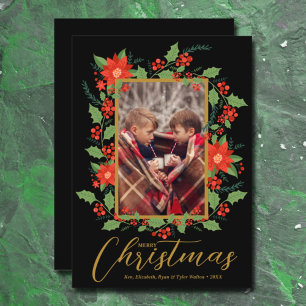 Merry Christmas Floral Black Holiday Card