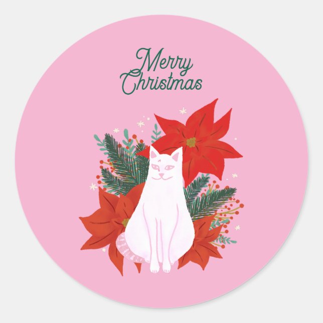 Merry Christmas Floral Cat Classic Round Sticker (Front)
