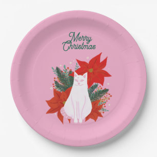 Merry Christmas Floral Cat Paper Plate