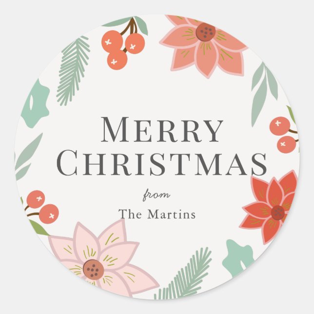 Merry Christmas Floral Cream White Holiday Classic Round Sticker (Front)