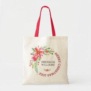 Merry Christmas Floral Flowers Bouquet & Text 2 Tote Bag