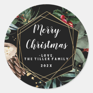 Merry Christmas Floral Frame Classic Round Sticker
