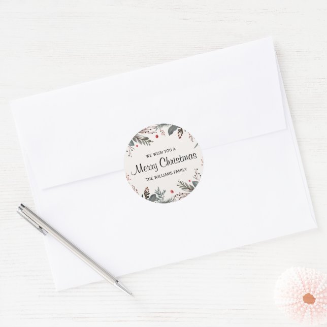 Merry Christmas Floral Greeting Classic Round Sticker (Envelope)