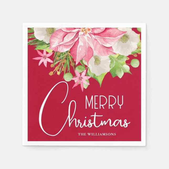 Merry Christmas Floral Holiday Napkin (Front)